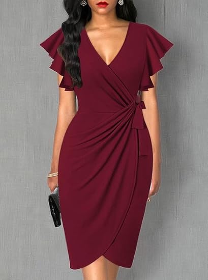Womens Deep V Neck Ruffle Sleeve Sheath Casual Cocktail Party Work Faux Wrap Dress