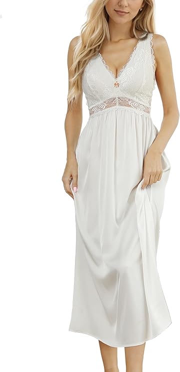 Womens Long Nightgowns Lace Sexy Lingerie V Neck Nightie Sleep Dress Sleeveless Sleepwear for Elegant Women