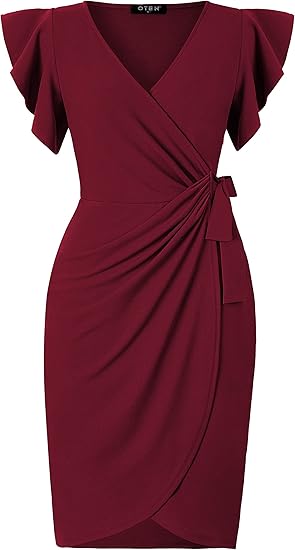 Womens Deep V Neck Ruffle Sleeve Sheath Casual Cocktail Party Work Faux Wrap Dress