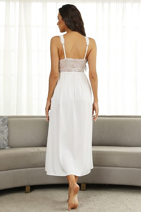 Womens Long Nightgowns Lace Sexy Lingerie V Neck Nightie Sleep Dress Sleeveless Sleepwear for Elegant Women