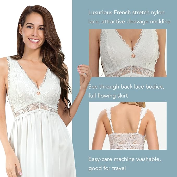 Womens Long Nightgowns Lace Sexy Lingerie V Neck Nightie Sleep Dress Sleeveless Sleepwear for Elegant Women