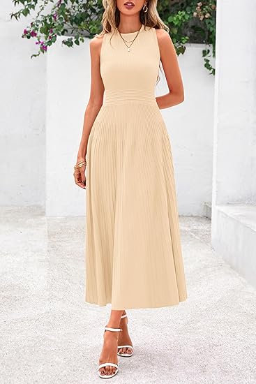 Spring Casual Dresses for Women 2025 Summer Business Work Midi Sleeveless A Line Pleated Cocktail Dress