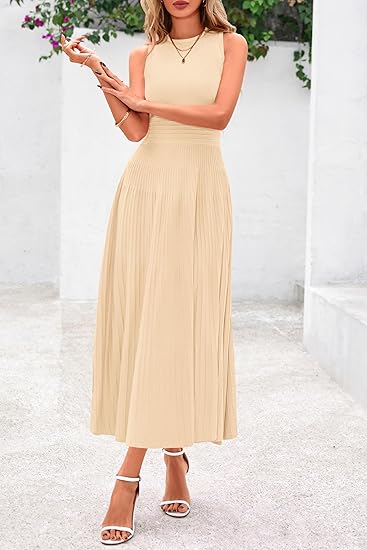 Spring Casual Dresses for Women 2025 Summer Business Work Midi Sleeveless A Line Pleated Cocktail Dress